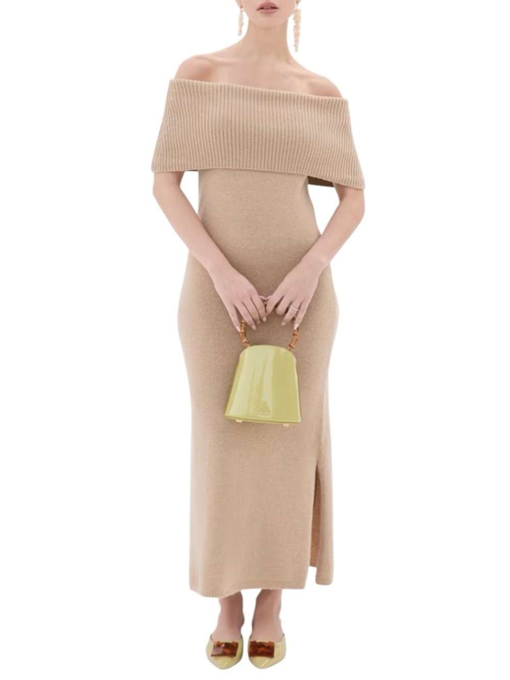 Cult Gaia - Minda Off Shoulder Alpaca Wool Knit Midi Dress Tan Sz S
